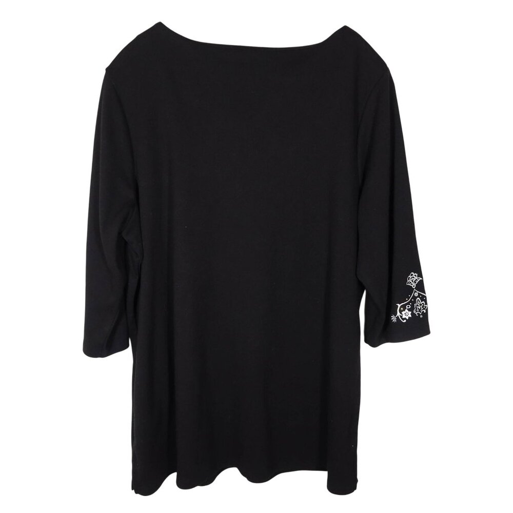 QUACKER FACTORY Embroidered Rhinestone 3/4 Sleeve Knit Tunic Top 1X Black White - Picture 3 of 10